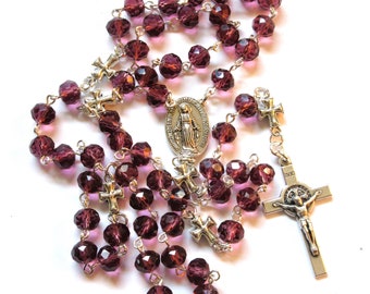 Purple Catholic rosary 5 decades of faceted glass rondelles, Miraculous medal, 57