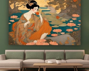 LES JAPONAISES #4, Pintura Art Nouveau de Geisha, Arte de lienzo japonés-francés firmado por el artista