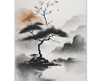 Japandi Canvas Painting ZEN 52, Artist-Signed Japanese Ink-Wash Canvas Art