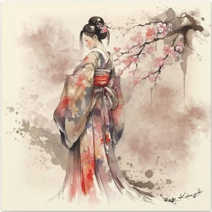 Wandbild Aquarell Malerei, Künstler-Signierte Leinwand Kunst, Großes Wandbild für Wohnzimmer, Fine Art Print, Japanische Geisha #15 KANAE