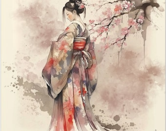 Wall Art Watercolor Painting, Artist-Signed Canvas Art, Large Wall Decor for Living Room, Fine Art Print, Japanese Geisha #15 KANAE