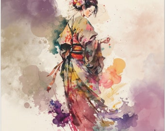 May include: A watercolor painting of a woman in a colorful kimono standing in front of a watercolor background. The woman has dark hair and is wearing a floral headband. The background is a mix of purple, pink, and yellow.