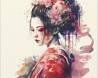 Geisha #23 TAKAHINA, Artist-Signed Original Art On Canvas, Japanese Wall Art, Kimono, Large Wall Decor, Fine Art Canvas, Watercolor Painting