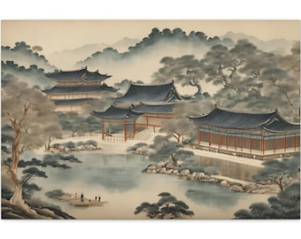 Ink-Wash Korean Painting #8 JOSEON LAKE PAVILION, Artist-Signed Canvas Art, Living Room Wall Decor, Fine Art Gift, Horizontal Artwork