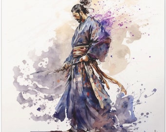 Samurai #1 MIYAMOTO MUSASHI, Artist-Signed Original Canvas Art, Japanese Wall Art, Square Wall Decor, Watercolor Painting Fine Art Gift