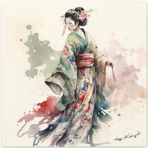 芸者 #7 KANOYUMI、アーティスト直筆サイン入りキャンバスオリジナルアート、日本の壁アート、着物、大型壁装飾、美術、水彩画