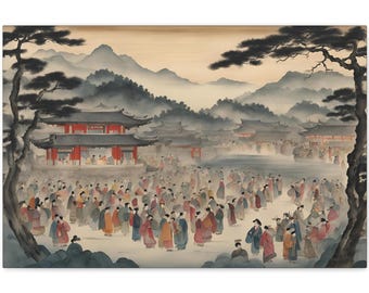 Ink-Wash Korean Painting #6 JOSEON ROYAL FESTIVAL, Artist-Signed Canvas Art, Living Room Wall Decor, Fine Art Gift, Horizontal Artwork
