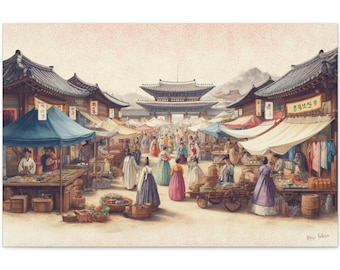 May include: A watercolor painting depicting a bustling marketplace in Korea. The scene is filled with people wearing traditional Korean clothing, shopping at stalls selling various goods. A large gate with a traditional Korean roof stands in the background.
