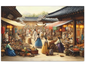 Ink-Wash Korean Painting #1 JOSEON VIBRANT MARKET, Artist-Signed Canvas Art, Living Room Wall Decor, Fine Art Gift, Horizontal Artwork
