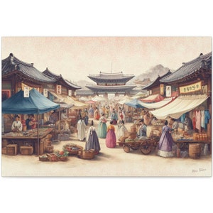 Ink-Wash Korean Painting #3 JOSEON AFTERNOON MARKET, Artist-Signed Canvas Art, Living Room Wall Decor, Fine Art Gift, Horizontal Artwork