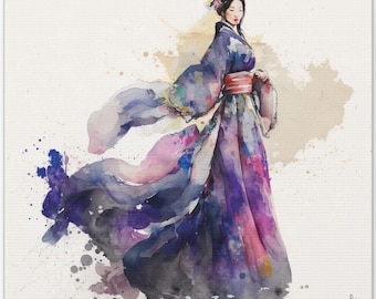 May include: Watercolor painting of a woman in a flowing purple and blue kimono with a red sash. The background is a light beige with watercolor splatters.