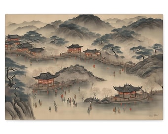 Ink-Wash Korean Painting #5 JOSEON LANTERN FESTIVAL Nakhwa Mori, Artist-Signed Canvas Art, Living Room Wall Decor, Fine Art Gift, Horizontal