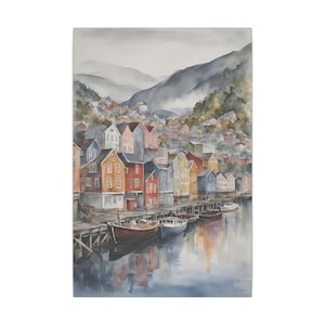 Colorful Bergen Waterfront Canvas Print, Nordic Coastal Wall Art, Scandinavian Home Decor, Vibrant Gift, Norway Cityscape, Bergen 1