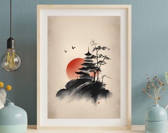 May include: Framed art print featuring a Japanese-style landscape. The artwork depicts a pagoda on a mountain, a red sun, and silhouetted trees. The print has a beige background and is framed in light wood. The website address www.theodupont.com is printed at the bottom.