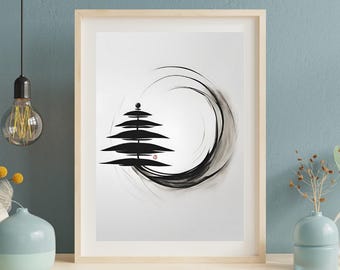日本の水墨画、禅柳の木のアート、ミニマリストな侘び寂びのプリント