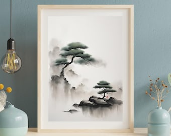 May include: Framed art print featuring a serene Japanese landscape with two stylized pine trees atop rocky formations. The artwork uses a muted color palette of gray, white, and green, evoking a sense of tranquility. The website address www.theodupont.com is printed at the bottom.