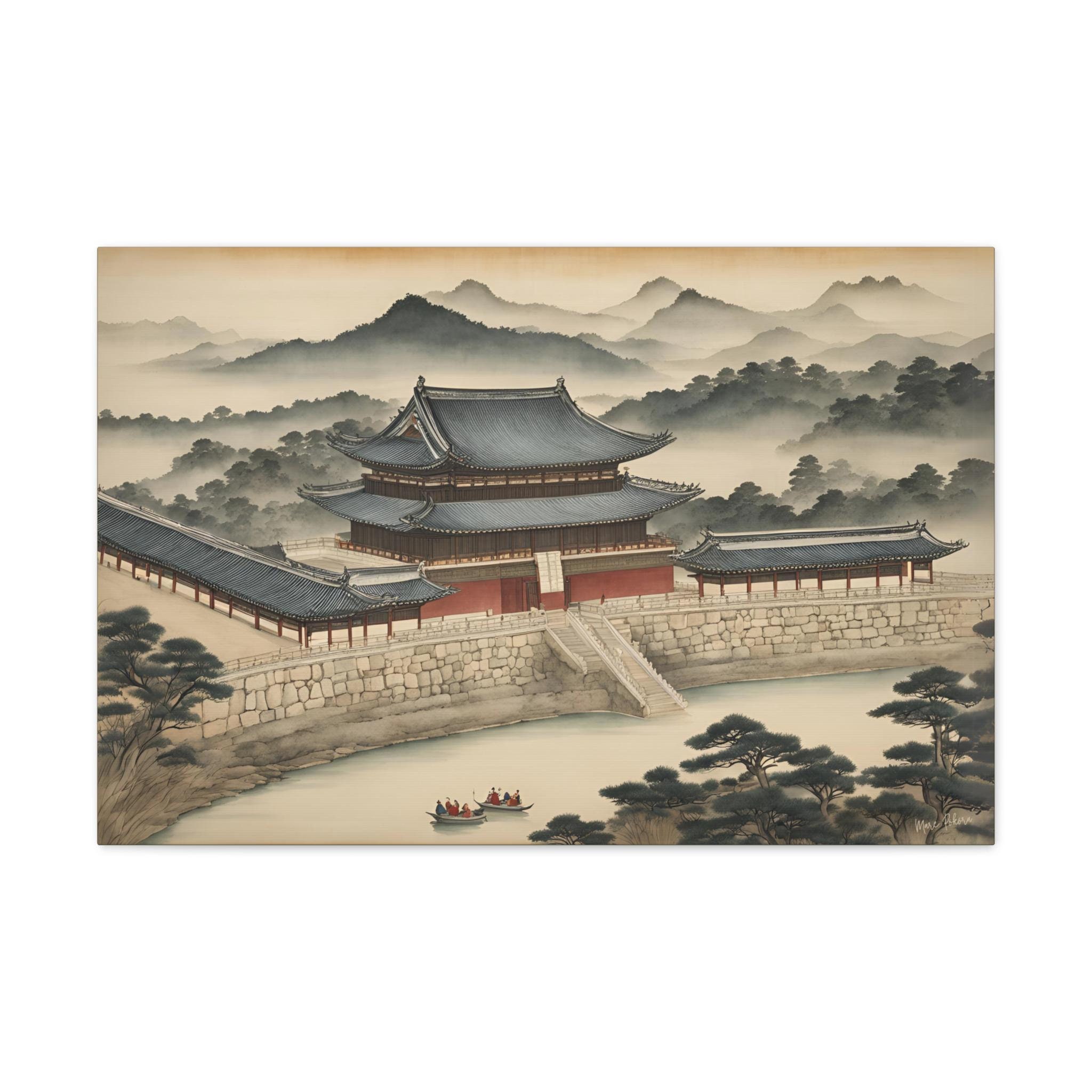 Ink-Wash Korean Painting #7 JOSEON ROYAL PALACE, Artist-Signed Canvas Art, Living Room Wall Decor, Fine Art Gift, Horizontal Artwork
