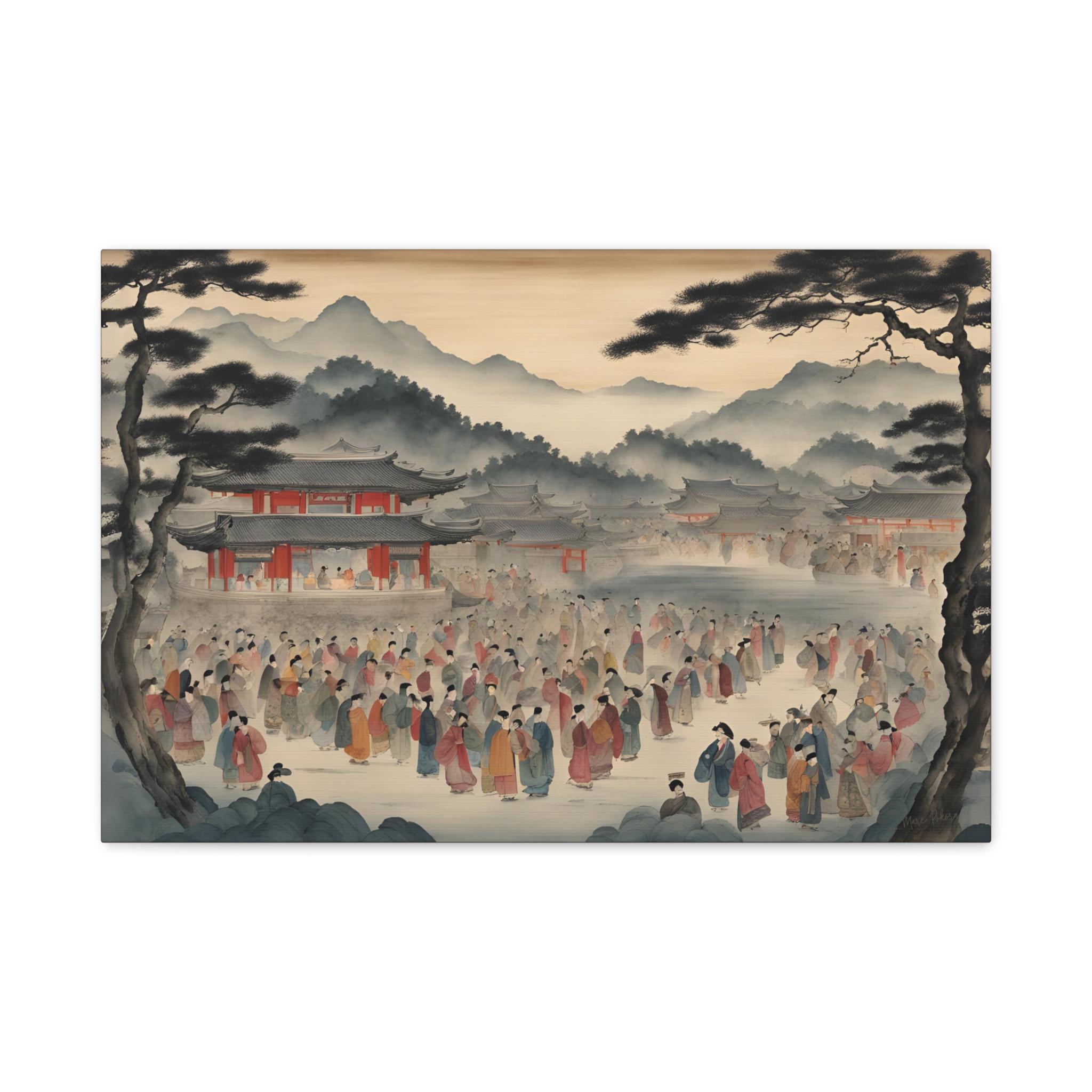 Ink-Wash Korean Painting #6 JOSEON ROYAL FESTIVAL, Artist-Signed Canvas Art, Living Room Wall Decor, Fine Art Gift, Horizontal Artwork