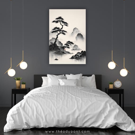 Japandi Canvas Painting ZEN 64, Artist-signed Japanese Ink-wash