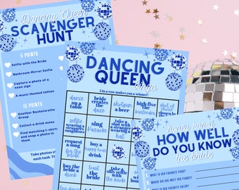 Peut inclure: Deux cartes de jeu imprimables bleues et blanches pour un enterrement de vie de jeune fille. La première carte est une chasse au trésor sur le thème de la boule disco. La deuxième carte est un bingo "À quel point connaissez-vous la mariée" sur le thème de la boule disco. Le texte sur les cartes est en bleu et blanc.