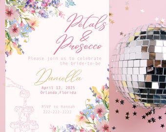 Blütenblätter & Prosecco Brautparty-Einladung (Digitaler Download)