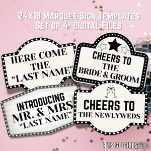 May include: Four marquee sign templates with text for a wedding. The signs are black and white with a light bulb border. Text includes "Here Come The Last Name", "Cheers to the Bride & Groom", "Introducing Mr. & Mrs. Last Name", and "Cheers to the Newlyweds".
