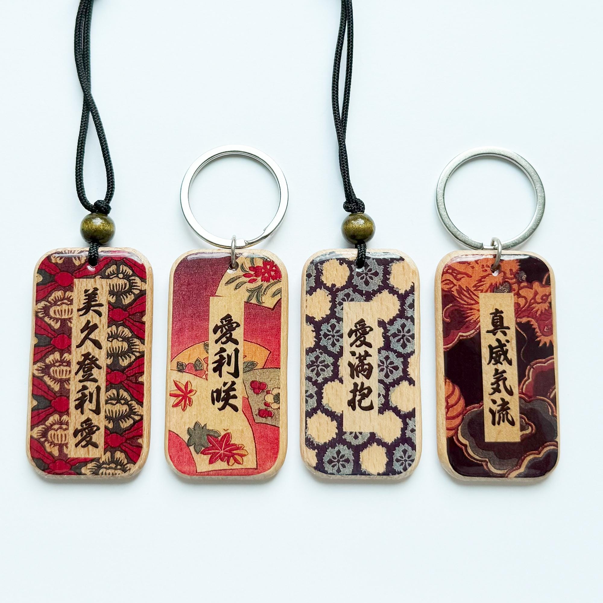 Custom Japanese Name Keychain | Vintage Kimono Pattern Wood Tag ...