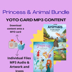 Puede incluir: Imagen promocional de un paquete de Princesas y Animales. La imagen presenta dos colecciones de libros de cuentos de Disney, un reproductor de audio azul y blanco y el texto "YOTO CARD MP3 CONTENT". La imagen también incluye el texto "Descarga contenido en una tarjeta MYO" y "Archivos individuales MP3 Audio y ilustraciones e iconos."