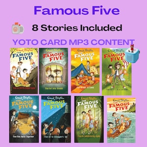 Peut inclure: Présentation de huit couvertures de livres "Famous Five" d'Enid Blyton, avec des illustrations d'enfants dans diverses aventures. Le titre "Famous Five" est en violet, avec le texte "8 histoires incluses" au-dessus des couvertures.