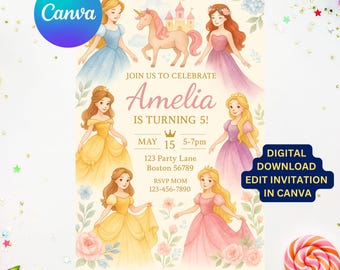 Watercolor Princess Birthday Invitation | Unicorn, Fairy Tale Theme (Canva Template, Digital Download)