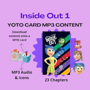 Puede incluir: Imagen promocional del contenido MP3 de la tarjeta YOTO "Inside Out 1". La imagen presenta a los personajes de la película, el texto "23 Capítulos" e instrucciones para descargar contenido en una tarjeta MYO. El fondo es de color lila claro.