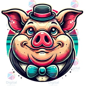 Gráfico vectorial de sublimación de cerdo de dibujos animados con sombrero de copa y pajarita - Diseño divertido y único, svg, jpg, png, artesanía, arte, descarga digital, cricut