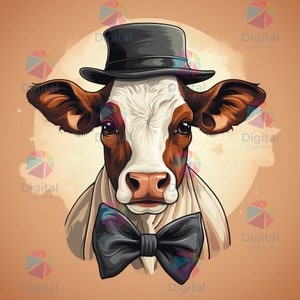 Cartoon Cow Sublimation Vector Graphic with Top Hat and Bow Tie- Funny, Unique Design, svg, jpg, png, craft, art, digital download, cricut