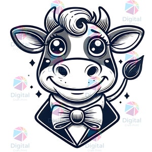 Cartoon Cow Sublimation Vector Graphic with Bow Tie -- Funny, Unique Design, svg, jpg, png, craft, art, digital download, cricut, print,