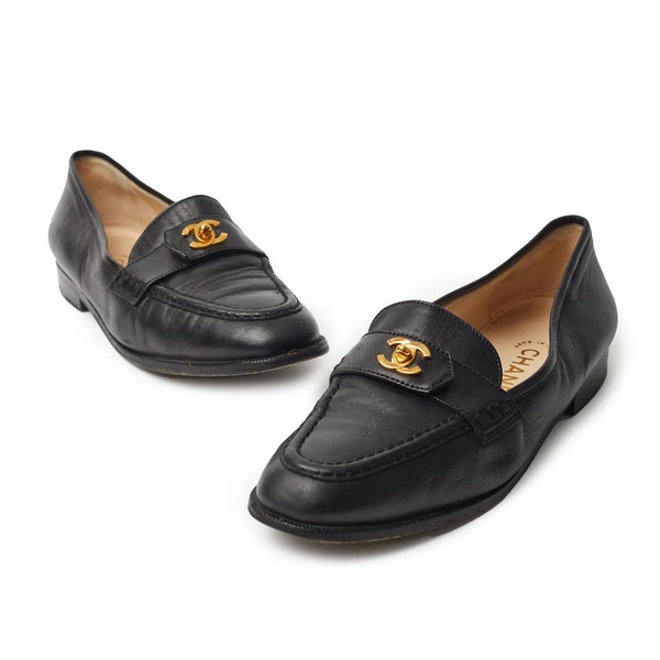 vintage 90's black leather loafers / gold turnlock CC logo / Karl Lagerfeld / slip on flats / FR 38.5 / Made in France