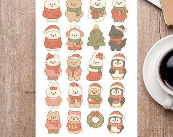 May include: A sticker sheet featuring various cartoon characters dressed in winter attire. The characters include bunnies, bears, cats, and penguins, all wearing hats and scarves. A Christmas tree and wreath are also included. The words "STICKER SHEET" are printed at the bottom.