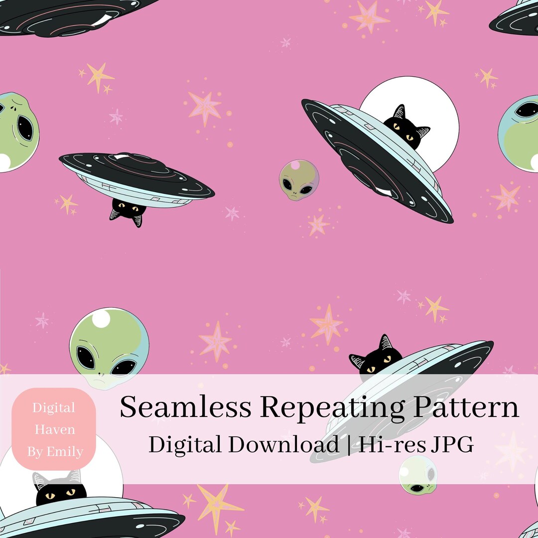 Alien Cat Seamless Pattern - UFO Kitten Fabric Print (digital Download ...