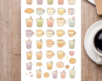 Mini Kawaii Drinks Sticker Bogen – Sticker für Tagebuch und Planer | Scrapbooking Zubehör | Bujo Accessoires |  Aufkleber