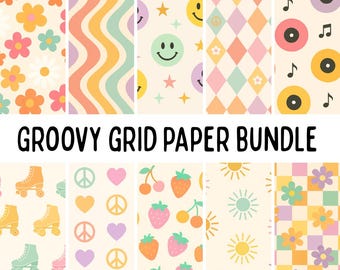 May include: A collection of colorful, patterned papers with a groovy theme. Designs include flowers, wavy lines, smiley faces, peace signs, roller skates, hearts, strawberries, and musical notes. The text "GROOVY GRID PAPER BUNDLE" is displayed.