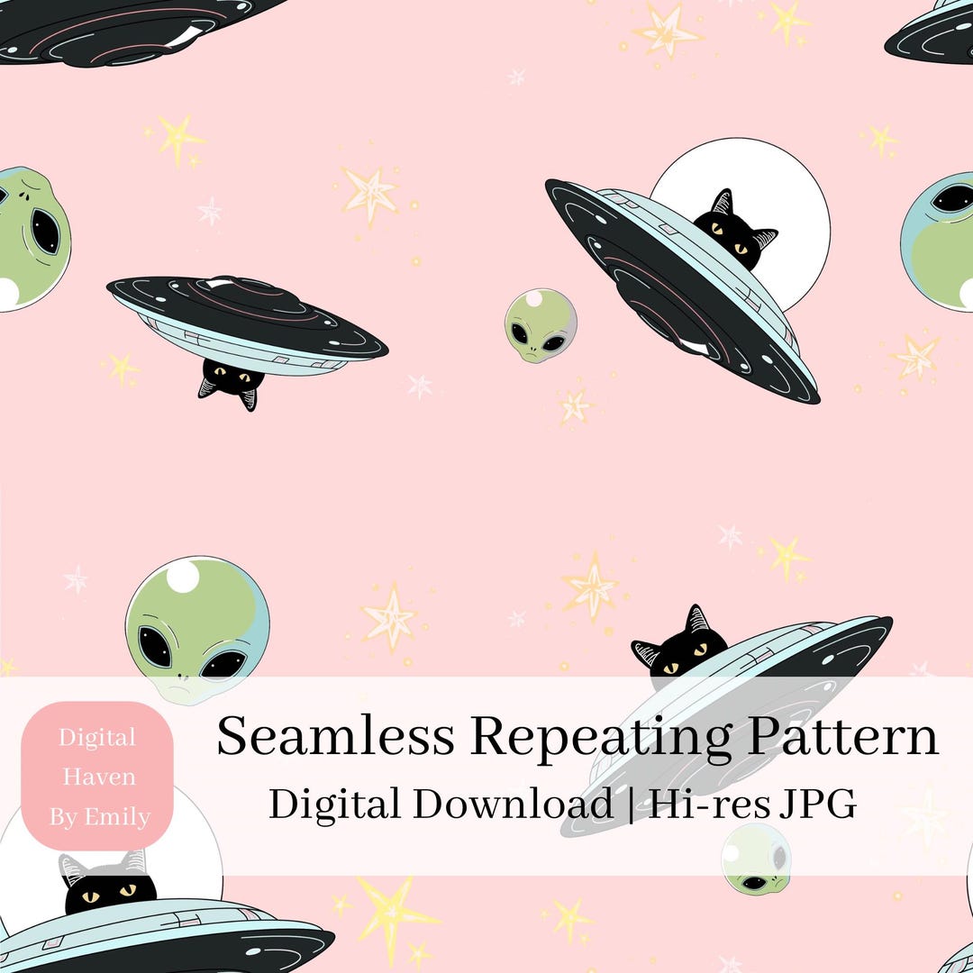 Fun Alien Cats Seamless Pattern - Ufos, Kittens and Cosmic Adventures ...