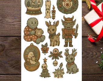 Può includere: Un foglio di adesivi con illustrazioni natalizie spettrali. I disegni includono una palla di neve con uno scheletro, una ghirlanda con un occhio, uno yeti con una tazza, un cervo, un goblin e altri personaggi. Il testo "STICKER SHEET" è in basso.