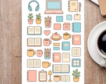 May include: A sticker sheet featuring various pastel-colored illustrations of stationery and office supplies. Includes a laptop, headphones, books, pens, coffee mugs, potted plants, and a cake. The words "STICKER SHEET" are printed at the bottom.