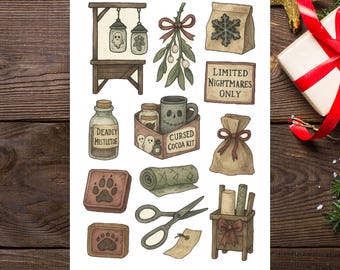Può includere: Un foglio di adesivi a tema spettrale, con illustrazioni di un mercato infestato. Il foglio include immagini di barattoli con fantasmi, vischio, un kit di cacao e impronte di zampe. Sono visibili anche i testi "Haunted Yule Market II" e "Sticker Sheet".