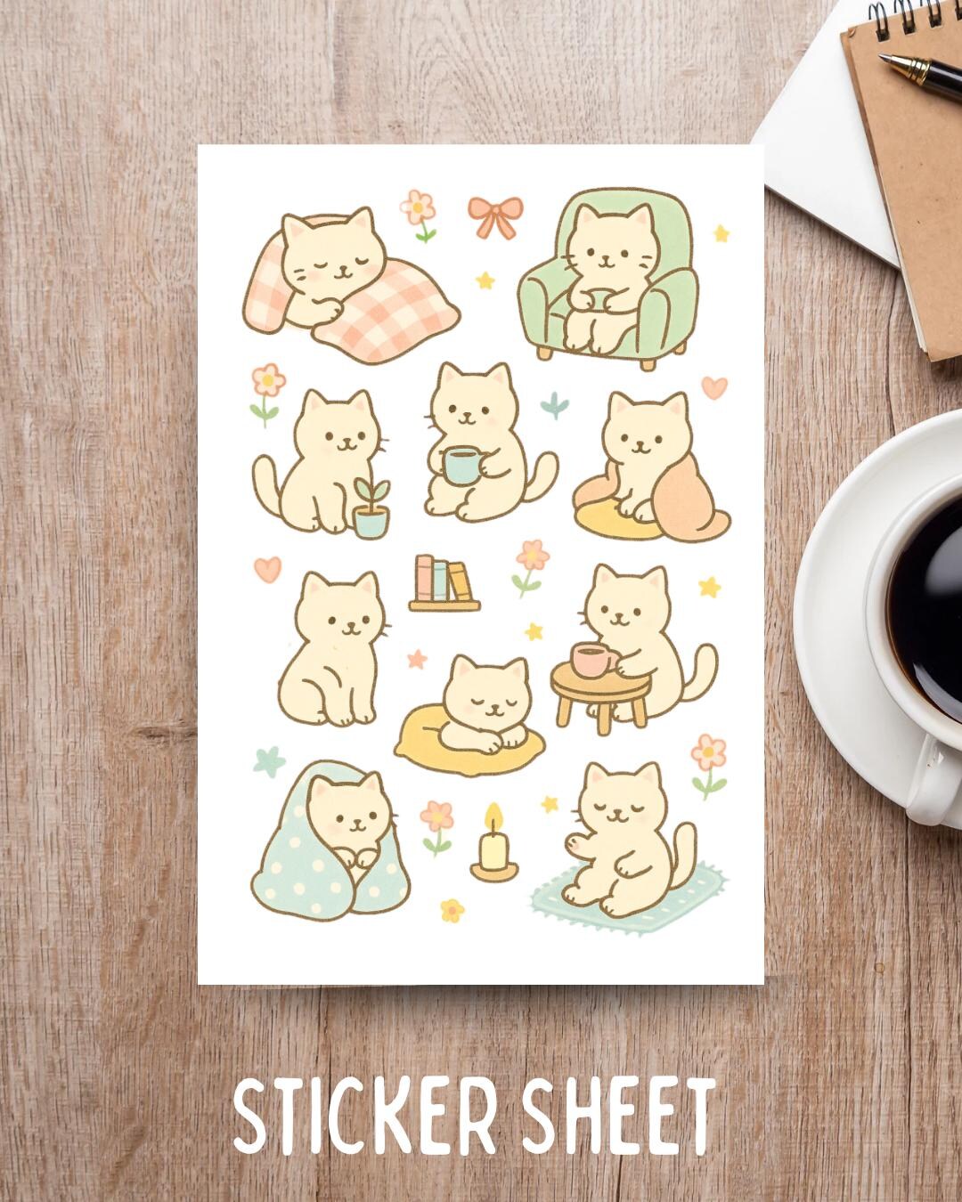 Kawaii Cozy Cats Sticker Sheets – Journal and Planner Stickers ...