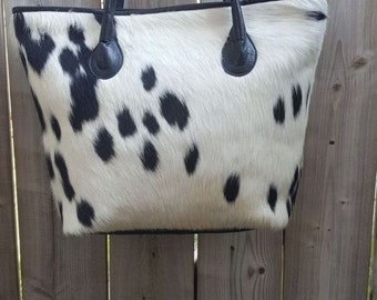 Handmade Cowhide Tote Bag: Black and White Hair-On-Hide Leather Purse