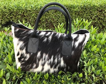 Handmade Cowhide Tote Bag: Black & White Hair-On-Hide Leather Shoulder Bag