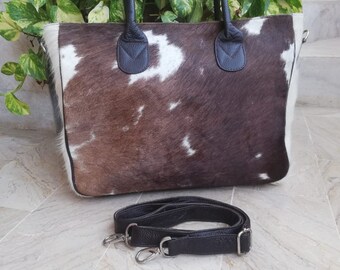 Handmade Tricolor Cowhide Tote Bag: Hair-On-Hide Leather Shoulder Bag