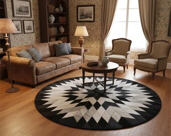Handmade Cowhide Round Patchwork Rug | Western Star Designer Carpet | Cow Skin Area Rug | Living Room Decor | Black Grey White Leather