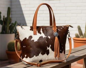 Handmade Cowhide Hair-On Tote Bag – Tricolor Leather Shoulder Bag