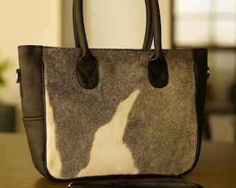 Handmade Cowhide Tote Bag: Hair On Hide, Leather Handles